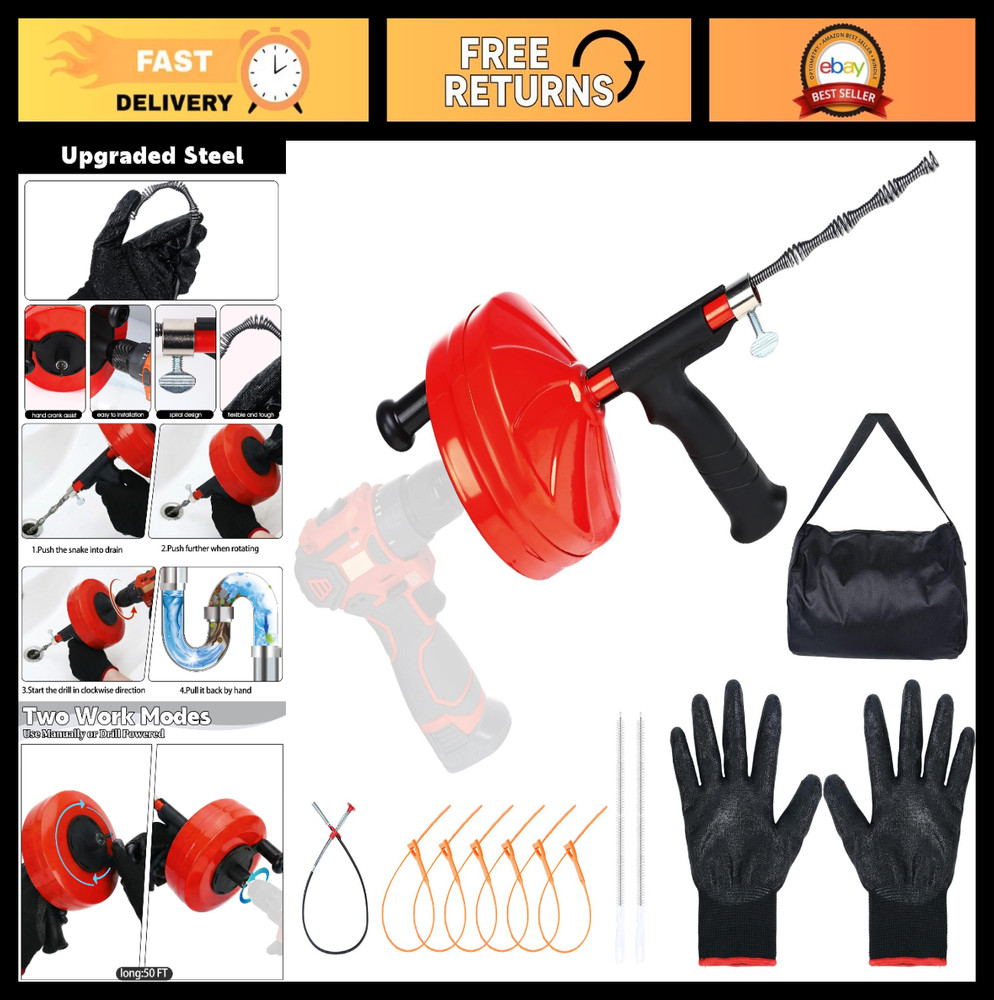 50 Ft Drain Auger &ndash; Manual/Drill Powered Plumbing Snake, Heavy Duty, Flexible, G