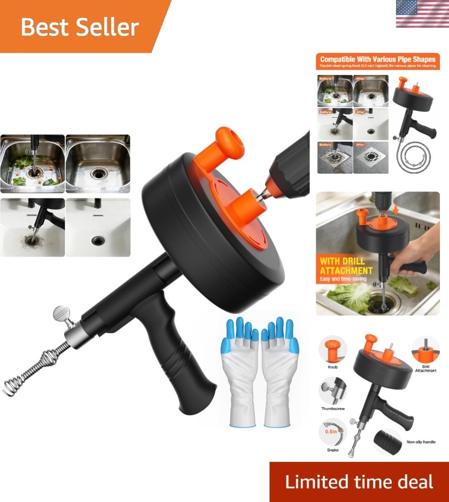 25FT Drill Powered Drain Auger Snake Tool for Fast Unclogging &ndash; Includes Gloves