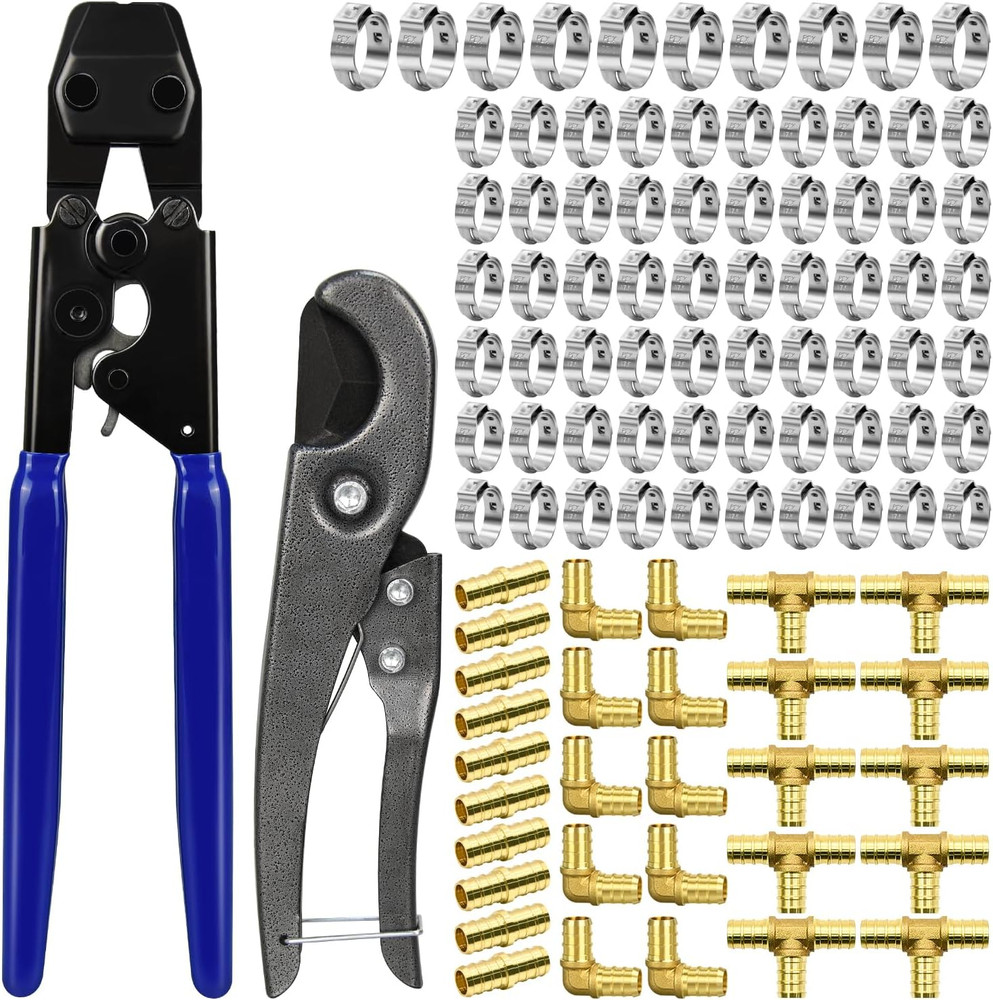 PEX Cinch Clamp Tool Kit with 30 Brass Fittings, Pipe Cutter & Clamps