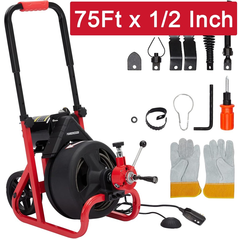 75Ft x 1/2 Inch Drain Cleaner Machine Electric Drain Auger Cleaner Sewer Snake