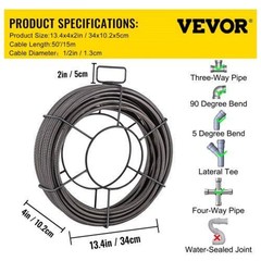 Drain Cleaning Cable 50 Feet x 12 Inch Solid Core Cable Sewer Cable Drain