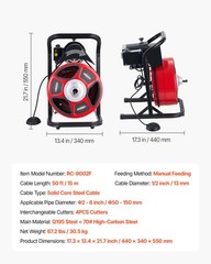 VEVOR Drain Cleaner Machine 50FT x 1/2Inch Manual Feed Snake Auger with 4 Cutter