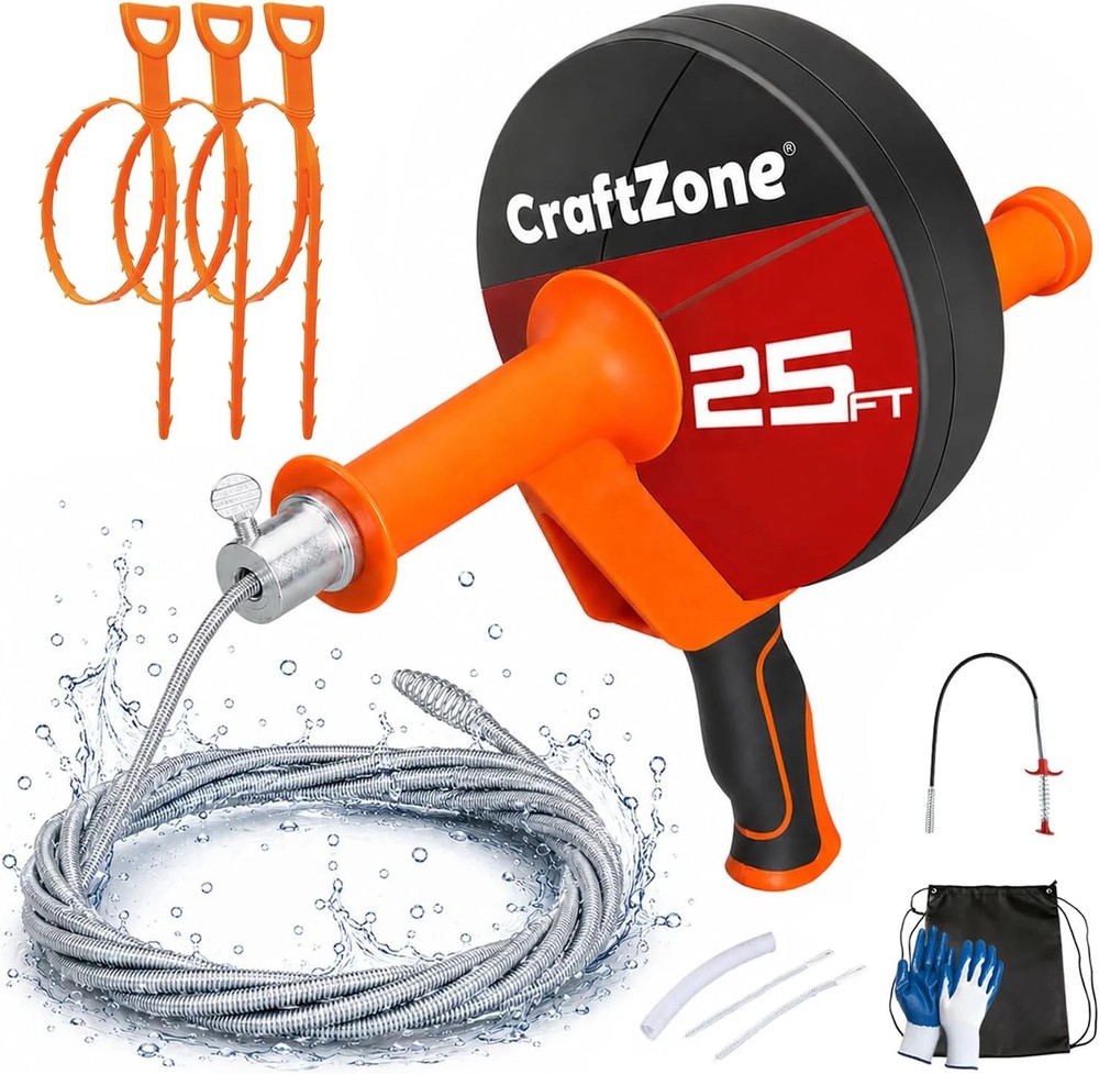 Drain Auger 25 Ft,Plumbing Snake With Drill Adapter,Pipe Clog Remover for Kitche