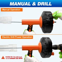 Drainsoon Auto Feed Drain Auger with Drill Adapter, 33 Feet Drain Snake Hair &hellip;