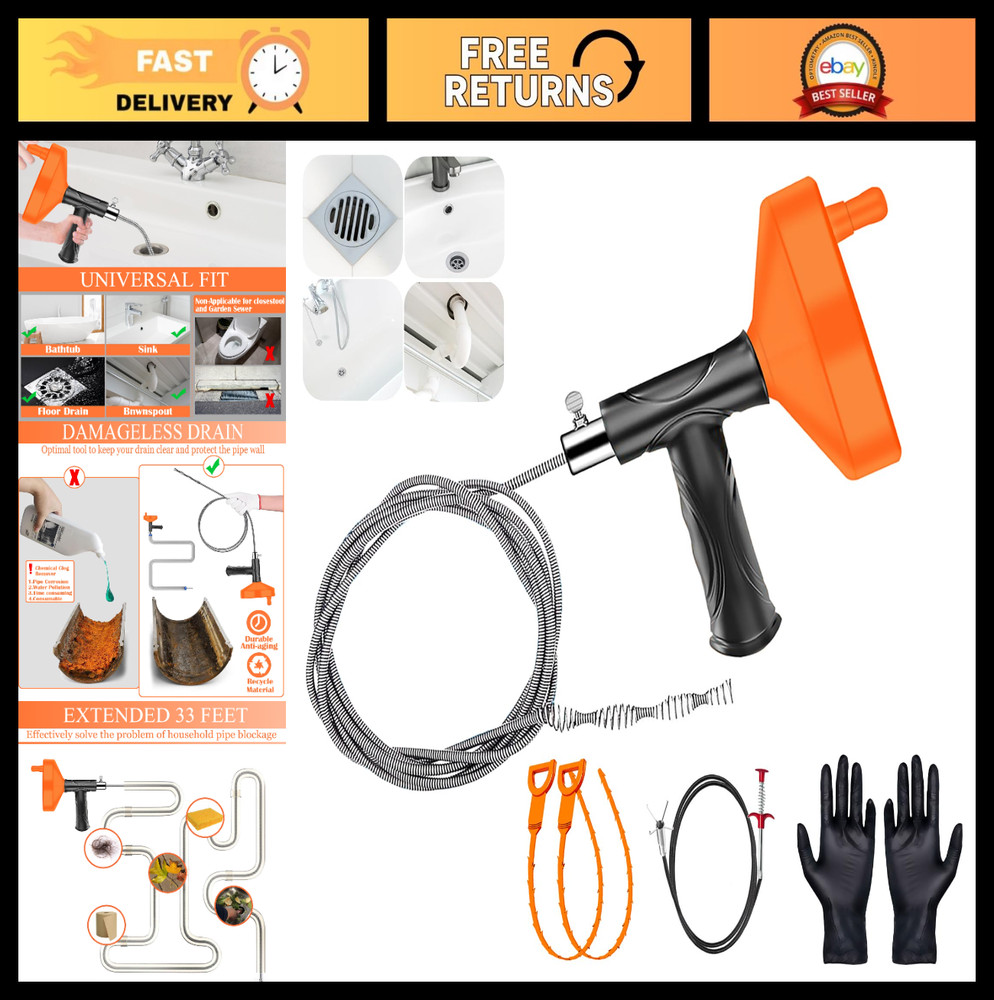 33ft Drain Snake Auger Tool &ndash; Heavy Duty Clog Remover for Sink, Toilet, Tub & Sh