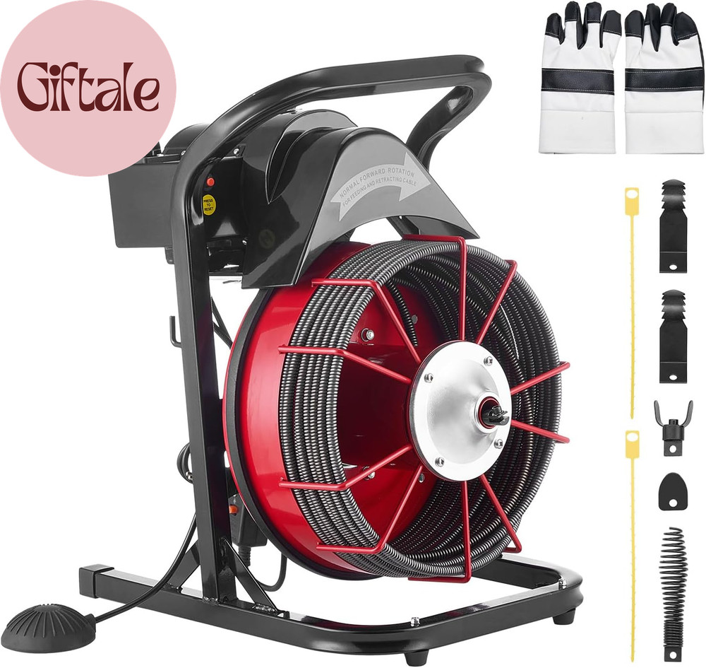 Drain Cleaner Machine 75 FT X 1/2 Inch, Sewer Snake Auger Manual Feed with 4 Cut