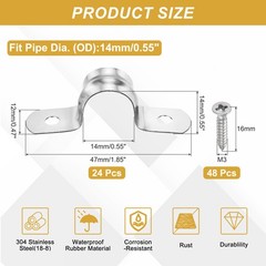24Pcs 14mm(9/16&Prime;)304 Stainless Steel Rigid Pipe Strap with Screws, Silver