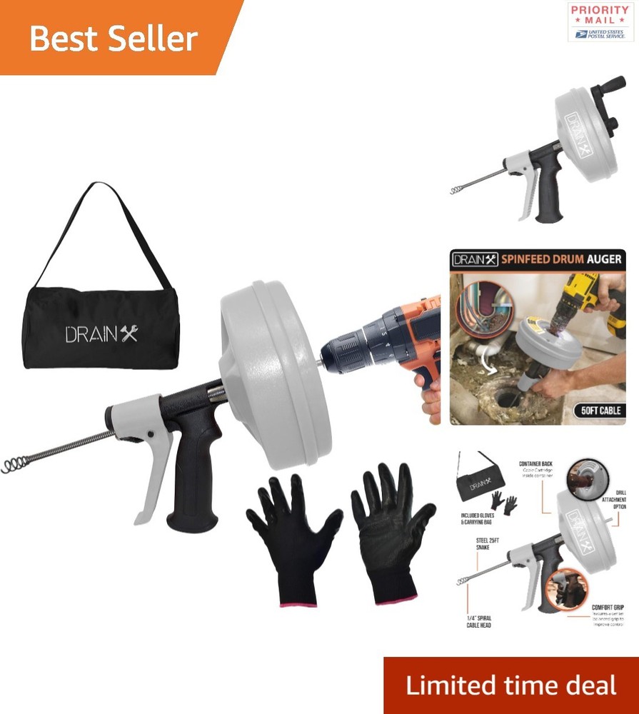 50m Drain Auger Manual or Drill Powered Plumbing Snake with Gloves Bag Included