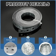 3/4 Inch x 33 ft 0.6mm Thickness Galvanized Pipe Strap Multiple, Silver Tone
