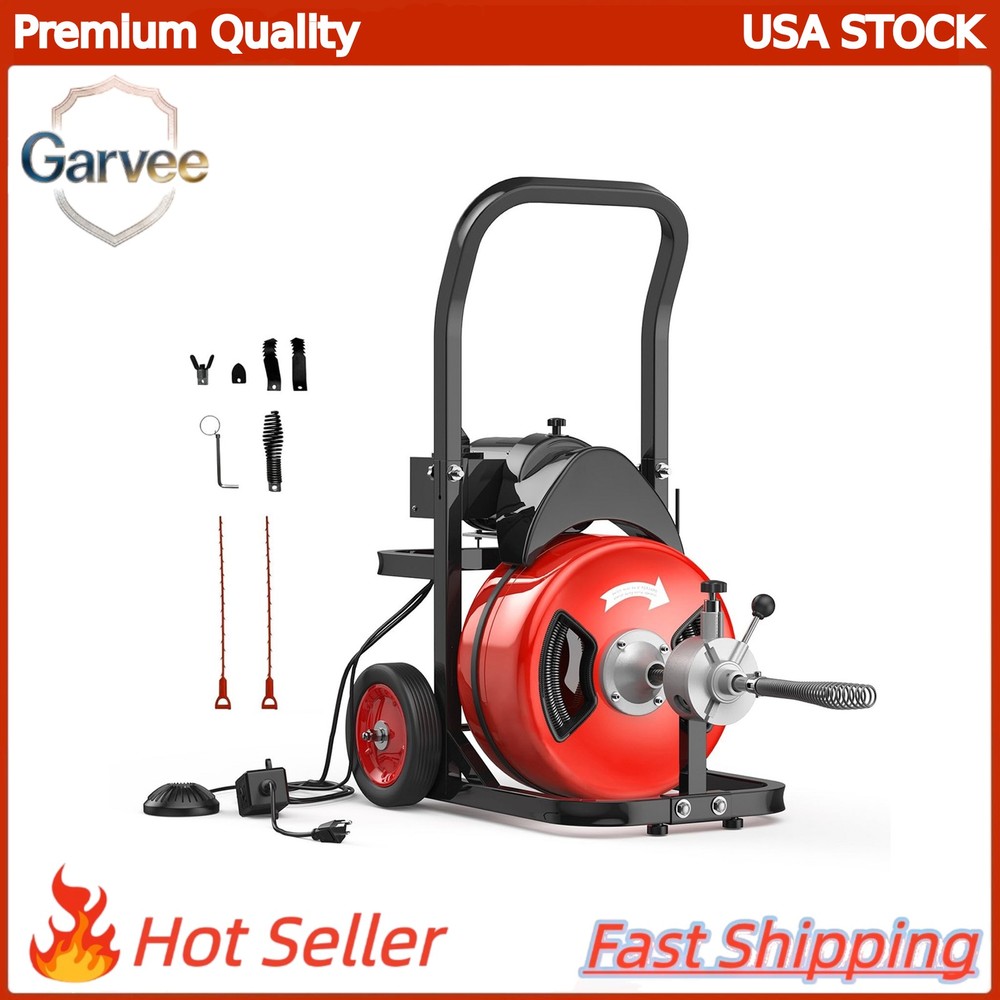 100FT Steel Cable Drain Cleaner Electric 1/2 Inch 370W Portable Sewer Snake Mach