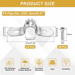 24Pcs 8mm(5/16&Prime;)304 Stainless Steel Rigid Pipe Strap with Screws, Silver