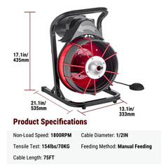 75FT x 1/2 In Drain Cleaner Machine,2&Prime;-4&Prime; Pipes Manual Feed Electric Drain Auger