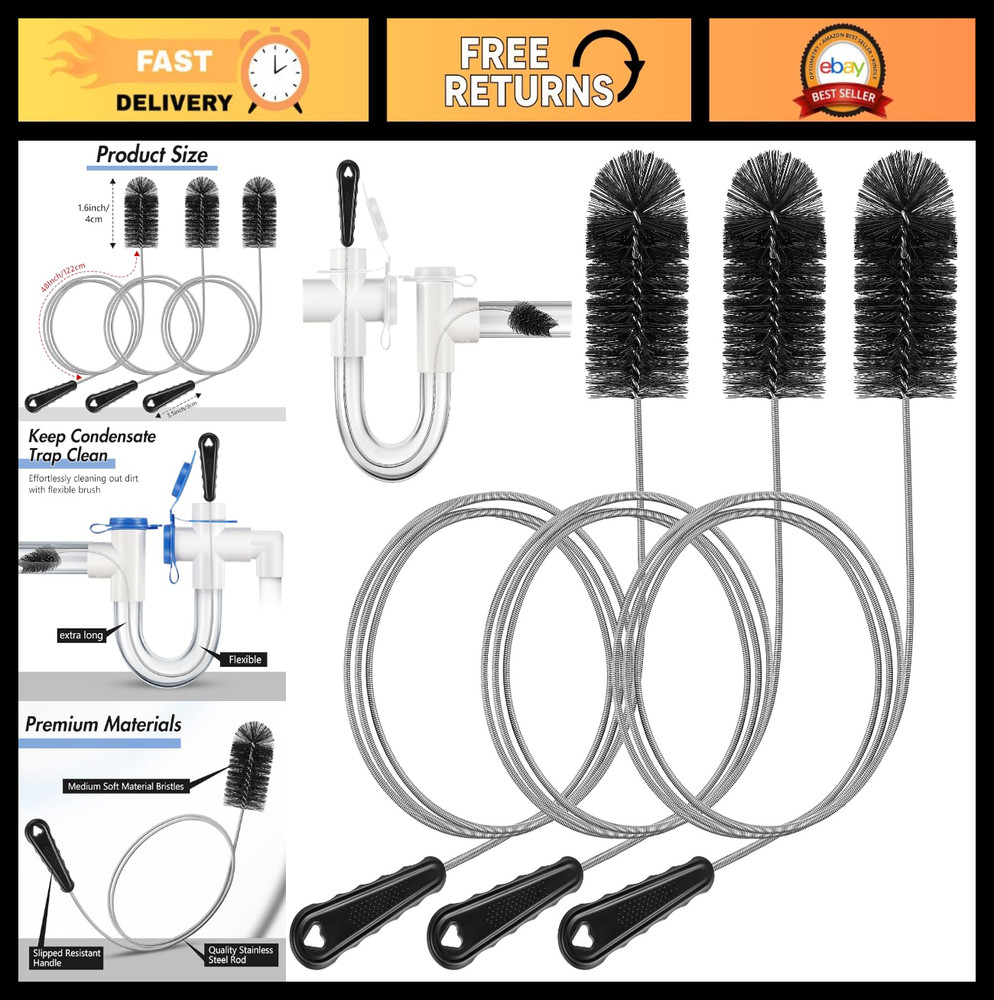 3 Pcs Flexible Drain Brush Set, 48&Prime; AC & HVAC Condensate Trap Cleaner Tool