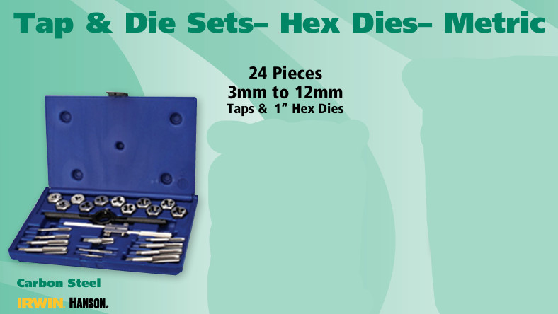 24 PIECES 3MM TO 12MM TAP & DIE SETS-IRWIN ITEM NO. 2591520(FT)