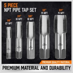 HORUSDY 5-Piece NPT Pipe Tap Kit with 1/8&Prime;, 1/4&Prime;, 3/8&Prime;, 1/2&Prime; and 3/4&Prime;, Silver
