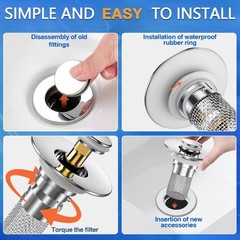 Pop-Up Sink Stopper Hair Catcher Bathroom Drain Strainer Removable Silver