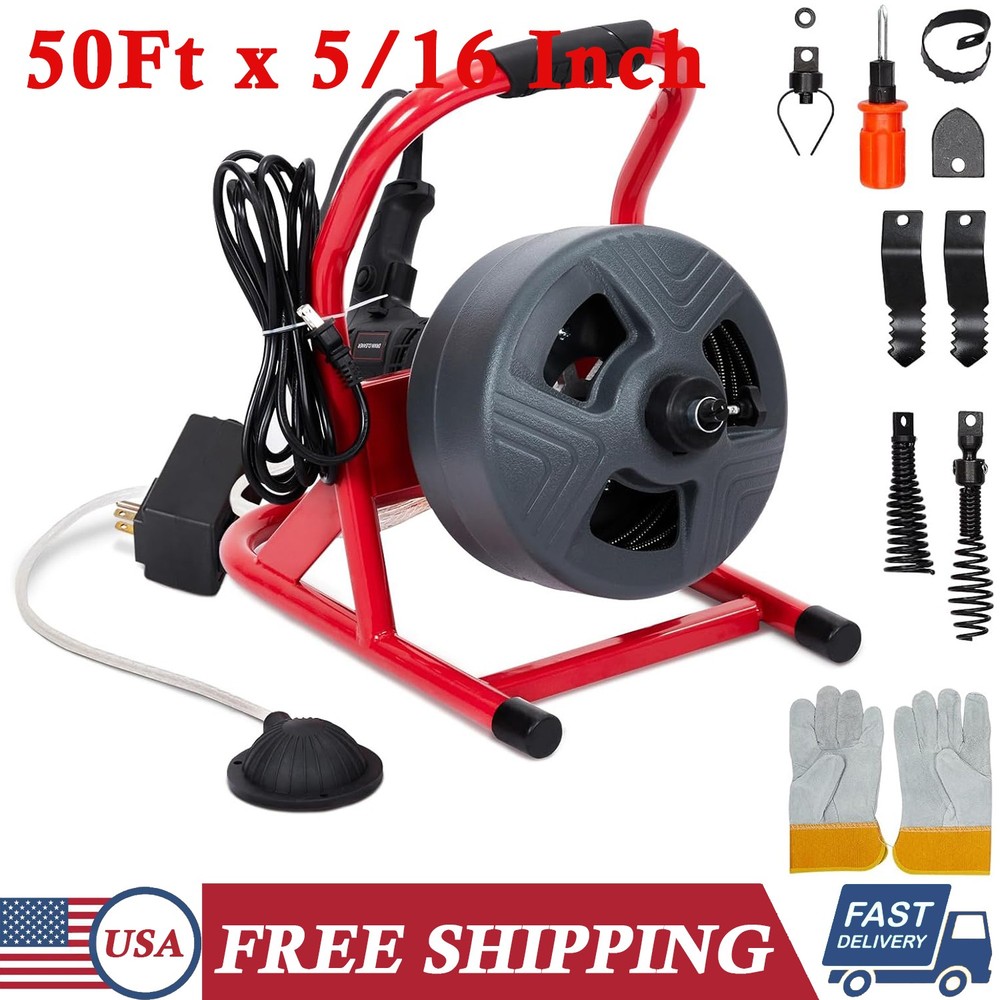 50Ftx5/16&rdquo; Drain Cleaner Electric Sewer Snake Cleaning Machine W/Cutters&Gloves