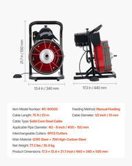Drain Cleaner Machine 75 FT x 1/2 Inch Sewer Snake Auger with 4 Cutters