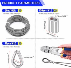 /Wire Rope Crimping Tool Kit Up To 2.2mm Swaging Tool With 165FT 1/16&rdquo; 304 stai