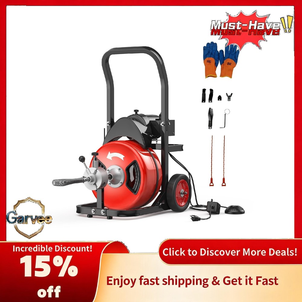 1/2 Inch 75FT Auto Feed Electric Drain Cleaner Machine Sewer Snake Portable