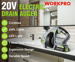 WORKPRO 20V Electric Drain Auger 25Ft Plumbing Snake Drain Hair Cleaning Machine