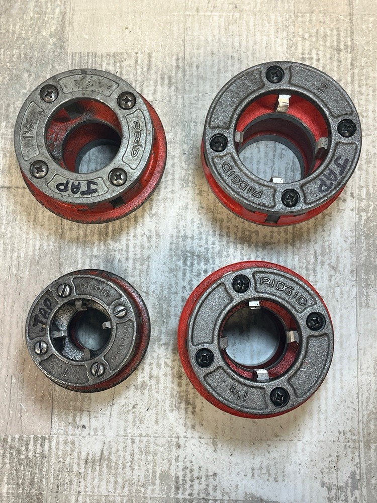 Used Ridgid 4 Pc Die heads set 1in, 2 1 1/2in, 2in See All Photos Good Condition