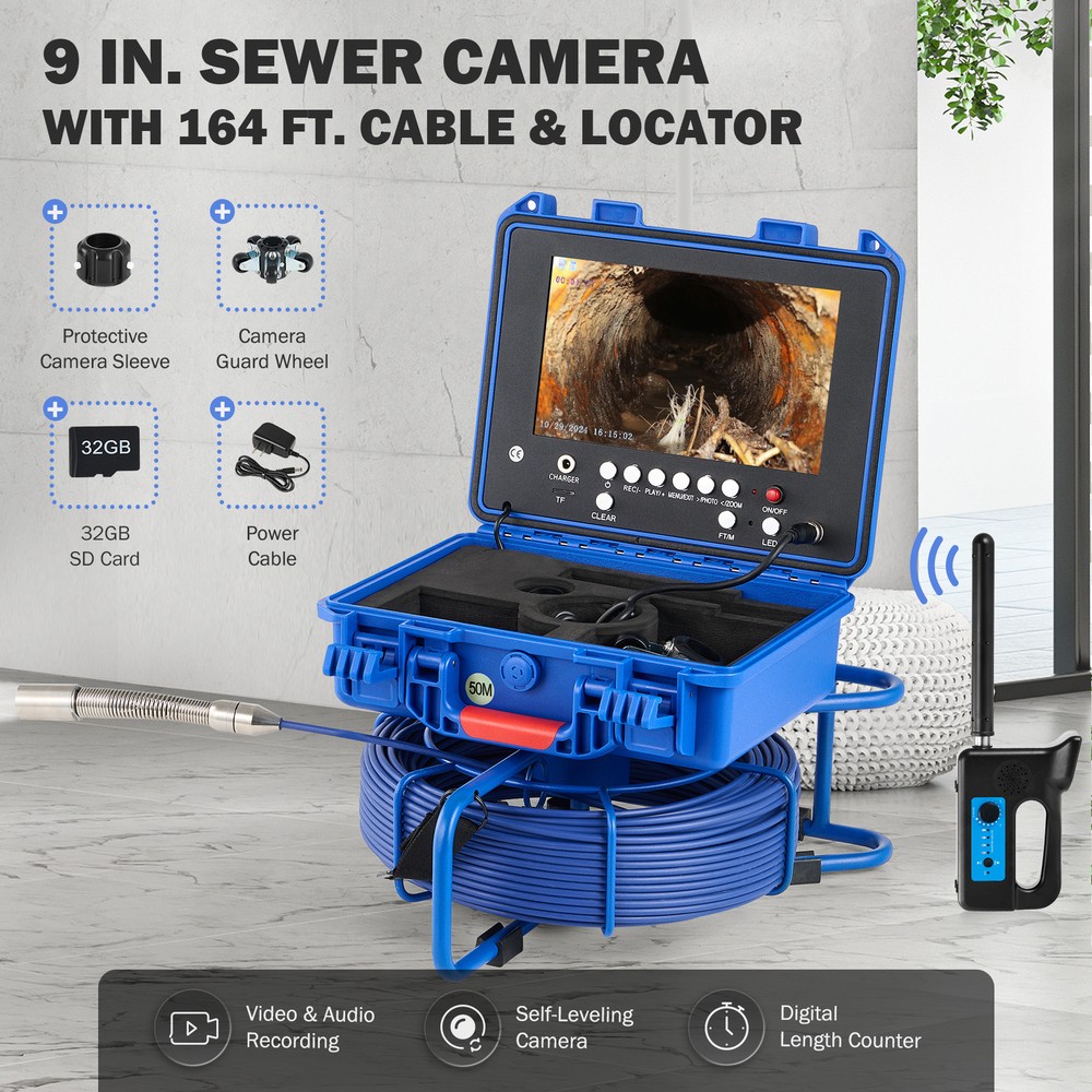 9in Self-Leveling Sewer Inspection Camera w 512Hz Locator 164ft/50m 12 LED 32 GB