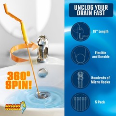 FlexiSnake Drain Weasel Sink Snake Handle + 5 Refill Wands, Orange/Yellow
