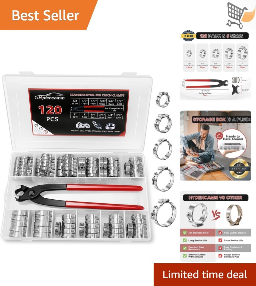120PCS PEX Clamp Kit Stainless Steel 3/8-1&rdquo; Crimp Rings with Tool for Plumbing
