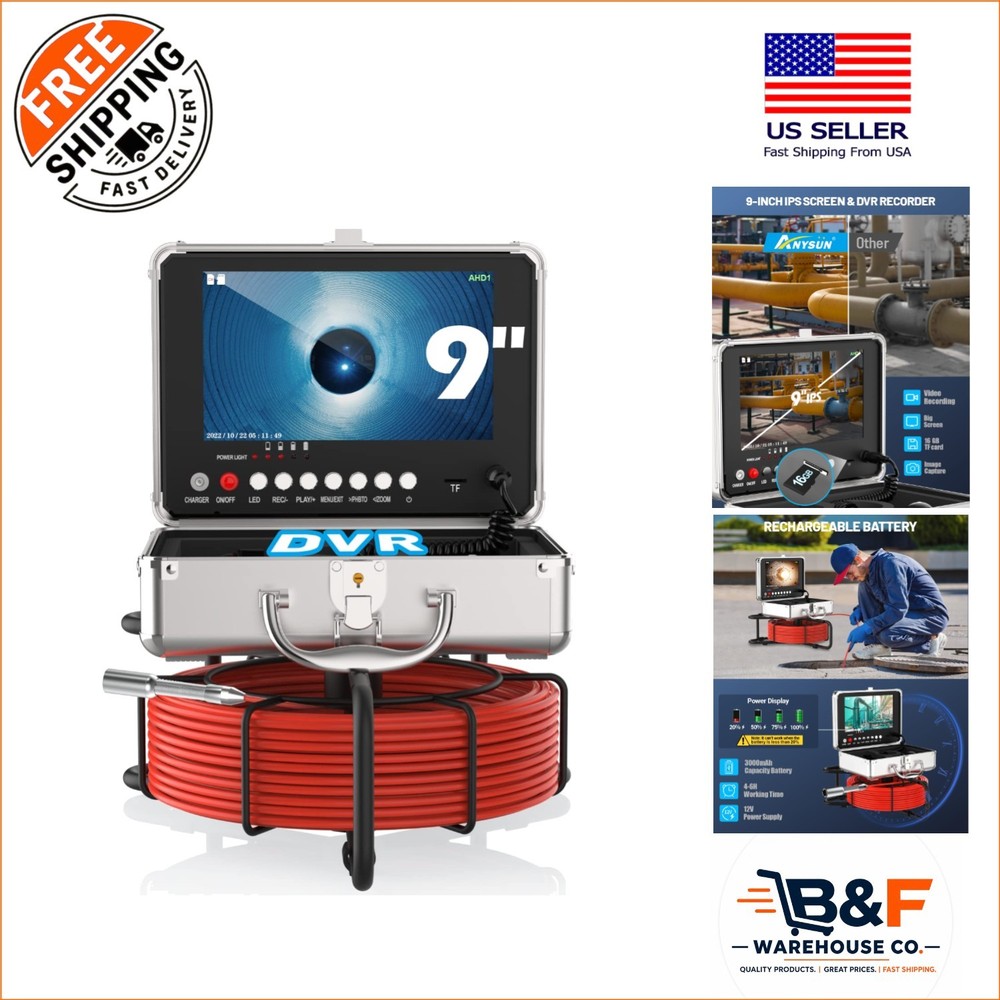 1080P HD Sewer Camera with 9&Prime; Monitor & 100ft Cable &ndash; Waterproof Inspection Tool