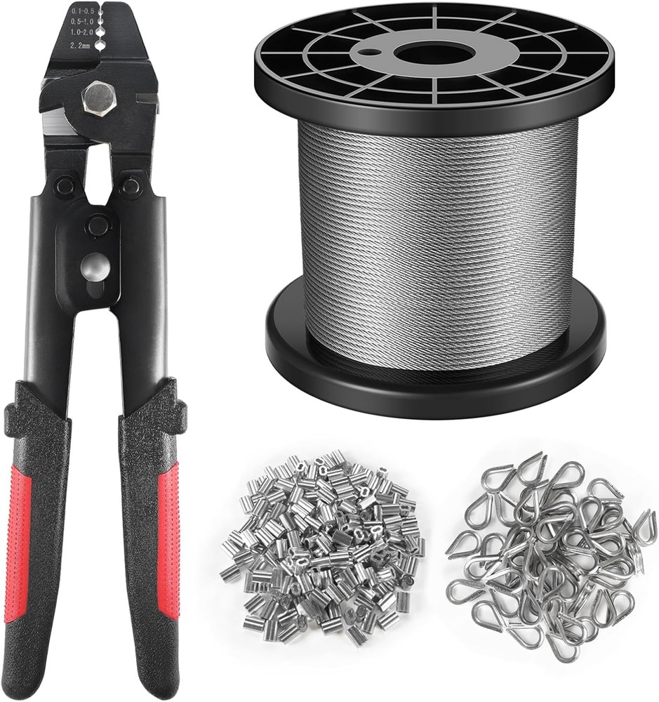 KALLSDY Wire Rope Crimping Tool Set, 328FT Stainless Steel Cable, 200PCS 1/16&Prime; S