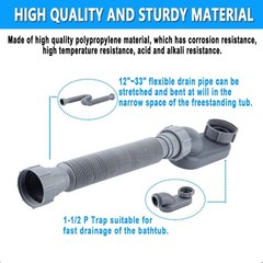 Low Profile 1 1/2 P Trap, Flexible Bathtub Shower Drain 1.5 inches, Gray