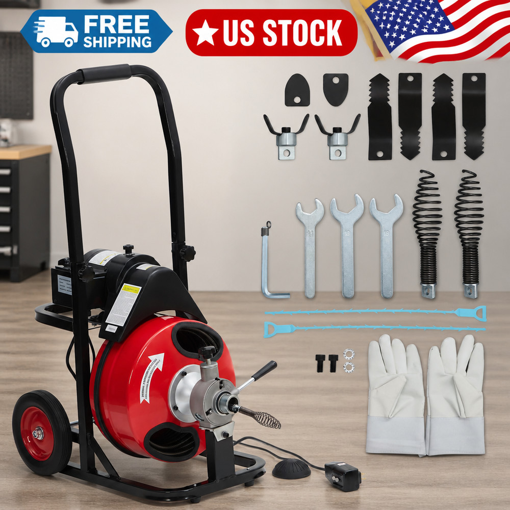 Electric Drain Cleaner Machine, 75Ft x 3/8&Prime; Robust Steel Cable, 200W Motor, 8 Cu