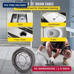 VEVOR Drain Cleaning Cable 75ft x 3/8 inch Solid Core Cable Sewer Cable, Drain A