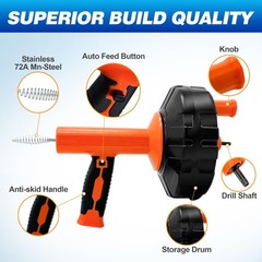 Drainsoon Auto Feed Drain Auger with Drill Adapter, 33 Feet Drain Snake Hair &hellip;