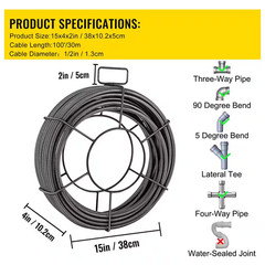 Drain Cleaning Cable 100 Ft. X 1/2 In. Solid Core Cable Sewer Cable Drain Auger