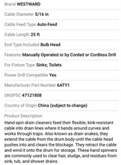 Westward 6ATY1 Drain Cleaner, Manual or Drill Operated, 5/16 in x 25 ft