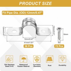 36Pcs 12mm(1/2&Prime;)304 Stainless Steel Rigid Pipe Strap with Screws, Silver