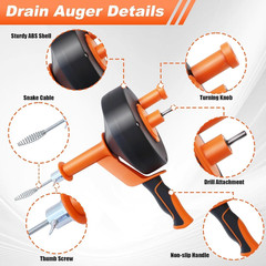 Drain Auger 25Ft Clog Remover with Drill Adapter, Flexible Plumbing Snake for Ki