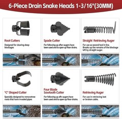 7PCS Drain Auger Attachment Set for 1-1/4&rdquo;, 6/5&rdquo; and 1-1/2&rdquo;Cable, Fits for K-100