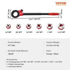 VEVOR Ratchet Pipe Threader Pipe Threading Tool 1/4&Prime; NPT &ndash; 1-1/4&Prime; NPT 6PCS Dies