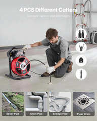 Drain Cleaner Machine 50 FT X 1/2 Inch, Manual Feed Sewer Snake Auger with 4 Cut