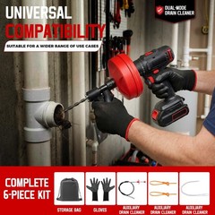 6-in-1 Drain Auger Kit, 33FT Plumbing Snake with Drill Adapter, Hair Remover & T