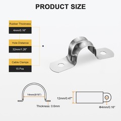 15Pcs 14mm(9/16&Prime;) Stainless Steel 2 Hole U-Tube Strap Clamp, Silver