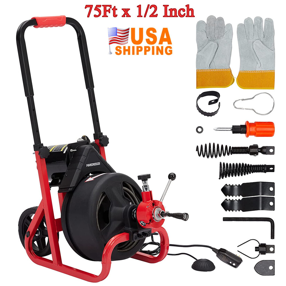 75ft 1/2&Prime; Drain Cleaner Machine Auto Feed Electric Sewer Drain Auger w/ Cutters