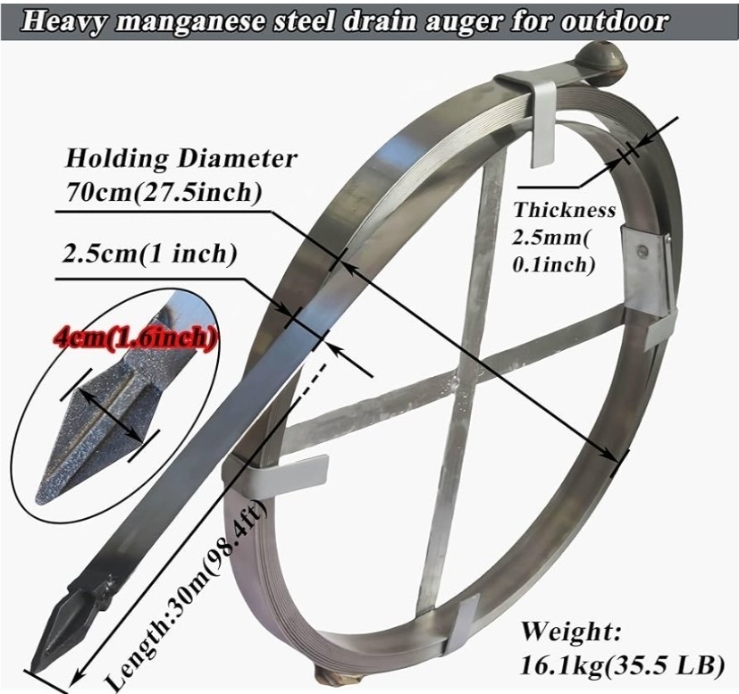 New Heavy Duty Sewer Drain Snake for Outdoor,Flat,Manual,Length 30m/98.4ft X 1&Prime;