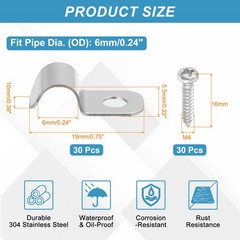 30Pcs 6mm(1/4&Prime;) One Hole Rigid Pipe Strap with Screws, Silver