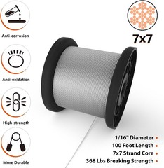 Wire Rope Crimp Kit with 100ft 1/16 304 Stainless Steel Cable 7&times;7 Strand Core, 6