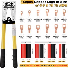 Battery Cable Lug Crimping Tool Kit with Cable Cutter ＆180pcs Copper Wire Lugs,
