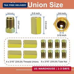 4 Sets of 3/16&Prime; Brake Line Tubing Unions (Connectors) with 8 Nuts (3/8 &ndash; 24 Thre